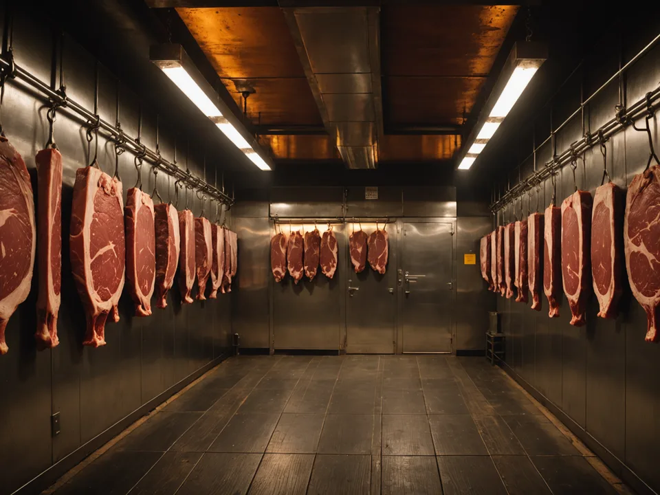 Beef aging chamber interior with precise humidity environment